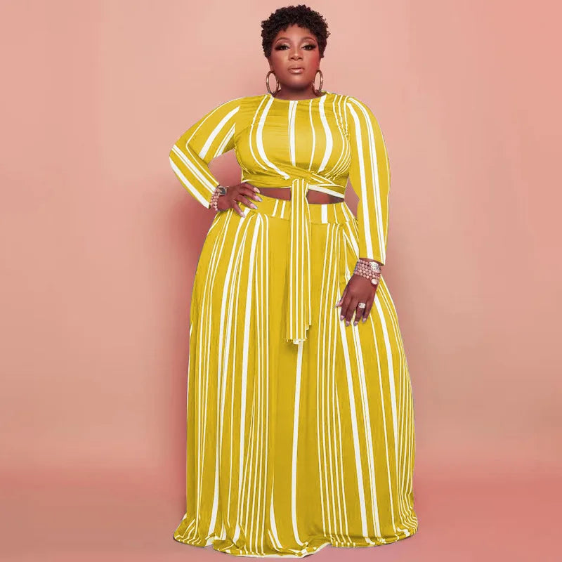 New Arrivals Big Women Two Pieces Set Autumn Long Sleeve Striped Printed Sets Casual Tops Dress Striped Plus Size Women Set