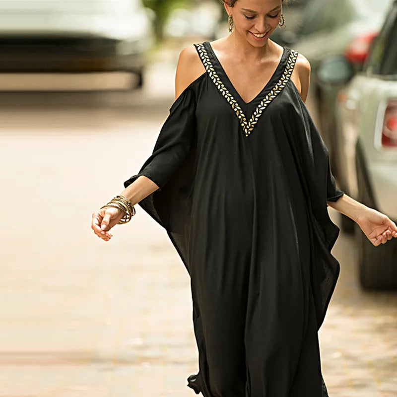 Women's Clothing V-neck Gold Strapless Loose Plus Size Beach Holiday Dress Bikini Sunscreen Dress