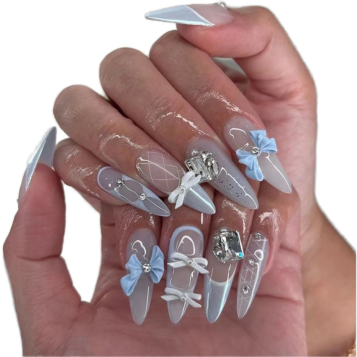 Blue French Press-on Nails Almond Shape 3D Design Full Coverage ABS Glossy False Nails for Daily Wear