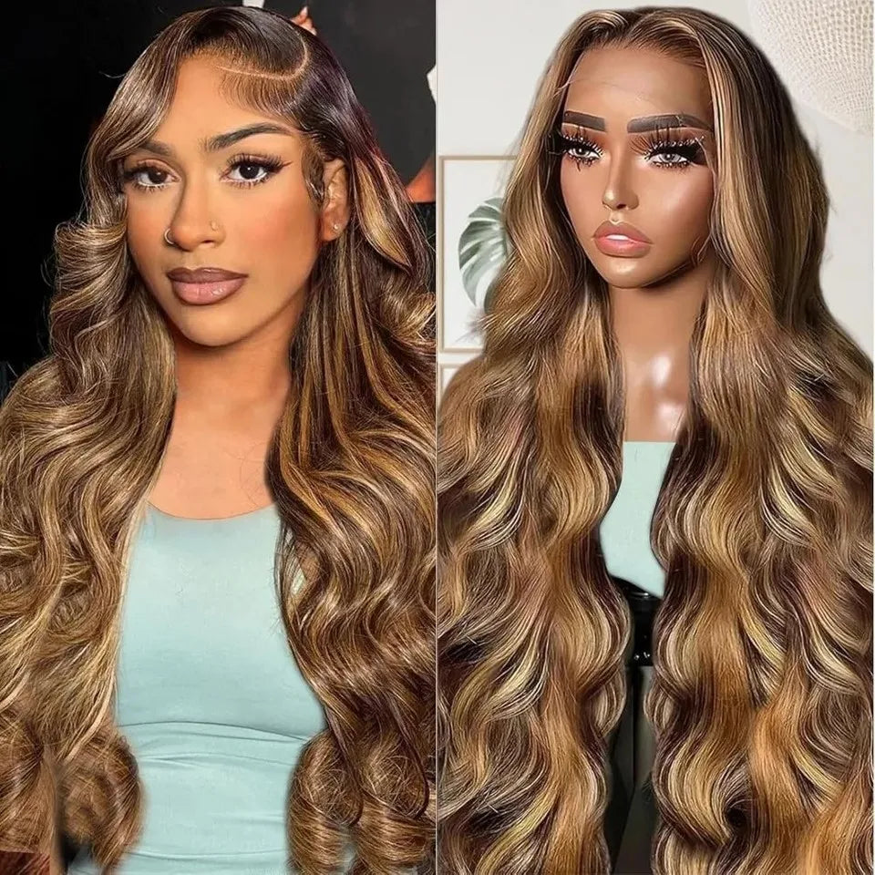 13x4 Honey Blonde Front Wig Brazilian Synthetic Highlight Body Wave Wig for Blonde Women HD Frontal