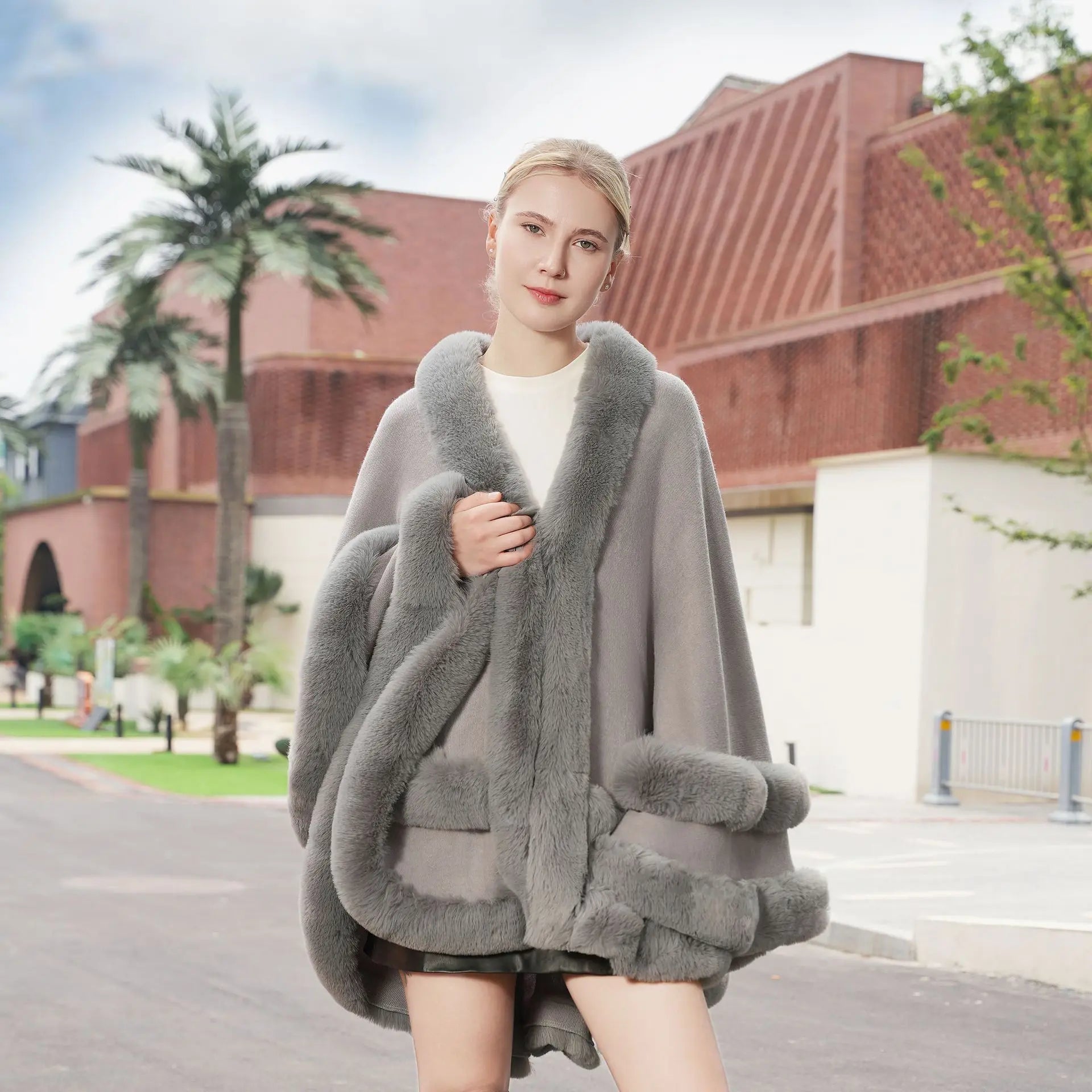 Autumn Winter Exclusive Faux Fur Cloak Loose Knit Coat Plus Size Versatile Shawl Solid Color Outerwear Women Cold Weather Jacket