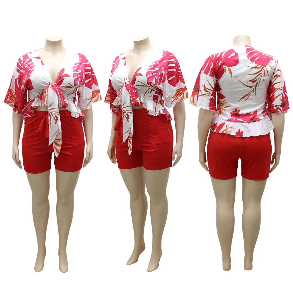N7081 Summer Casual Hawaiian Fashion Print Two Piece Shorts Set Clothing Half Sleeve Plus Size Women Sets Two Piece Set Women