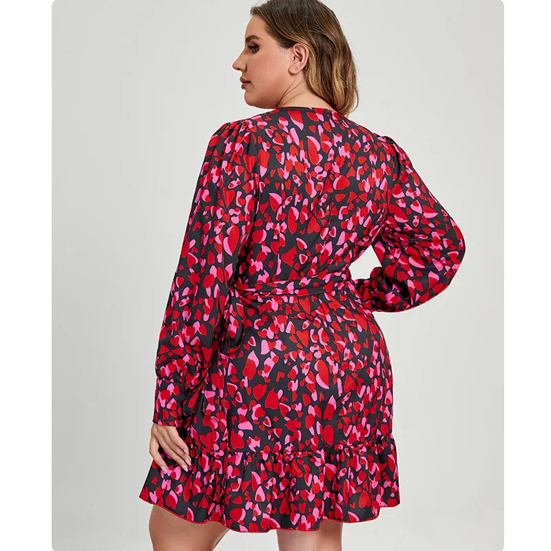 YiXin Plus Size Women's Dresses Floral Long Sleeve Deep V-neck Casual Dresses Plus Size Women Clothing Plus Size Dresses Women