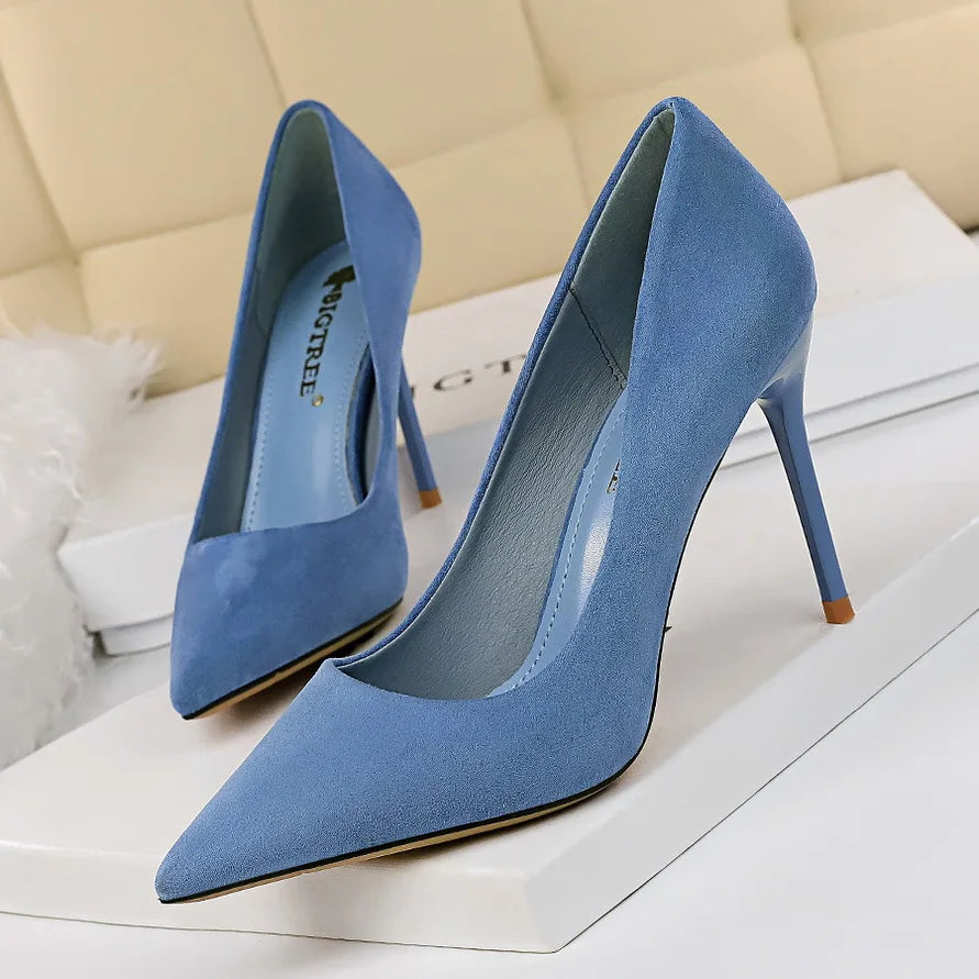 Big Tree Heels Shoe for Women Fashionable Minimalist Slim Heel Suede Shallow Mouth Pointed Tip Womens Heels Shoes High Quality