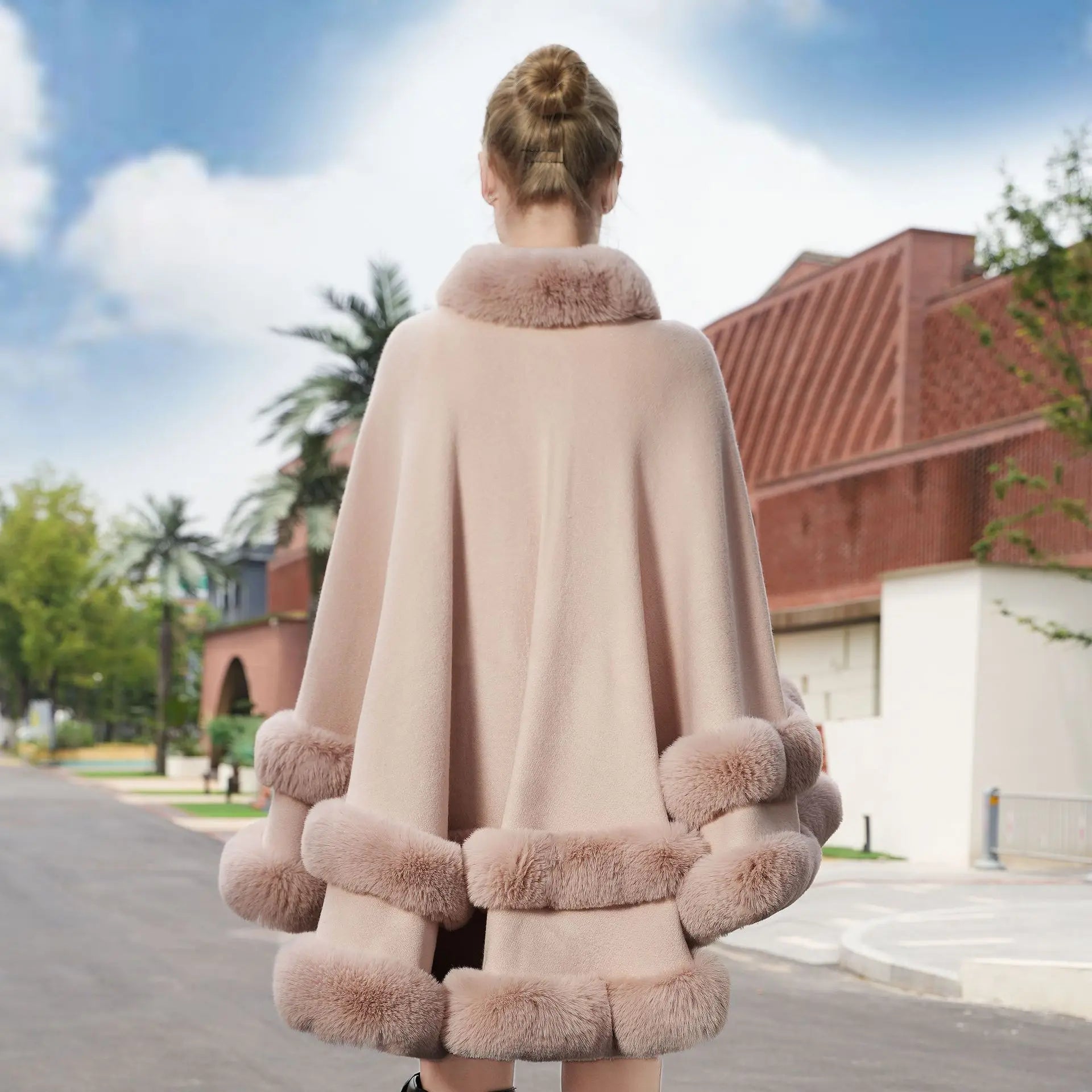 Autumn Winter Exclusive Faux Fur Cloak Loose Knit Coat Plus Size Versatile Shawl Solid Color Outerwear Women Cold Weather Jacket