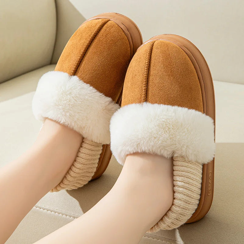 Camel Color Suede Patchwork Frayed Loop Indoor/Outdoor Home Wooden Floor Winter Closed Toe Warm Cotton Shoes for Men Women