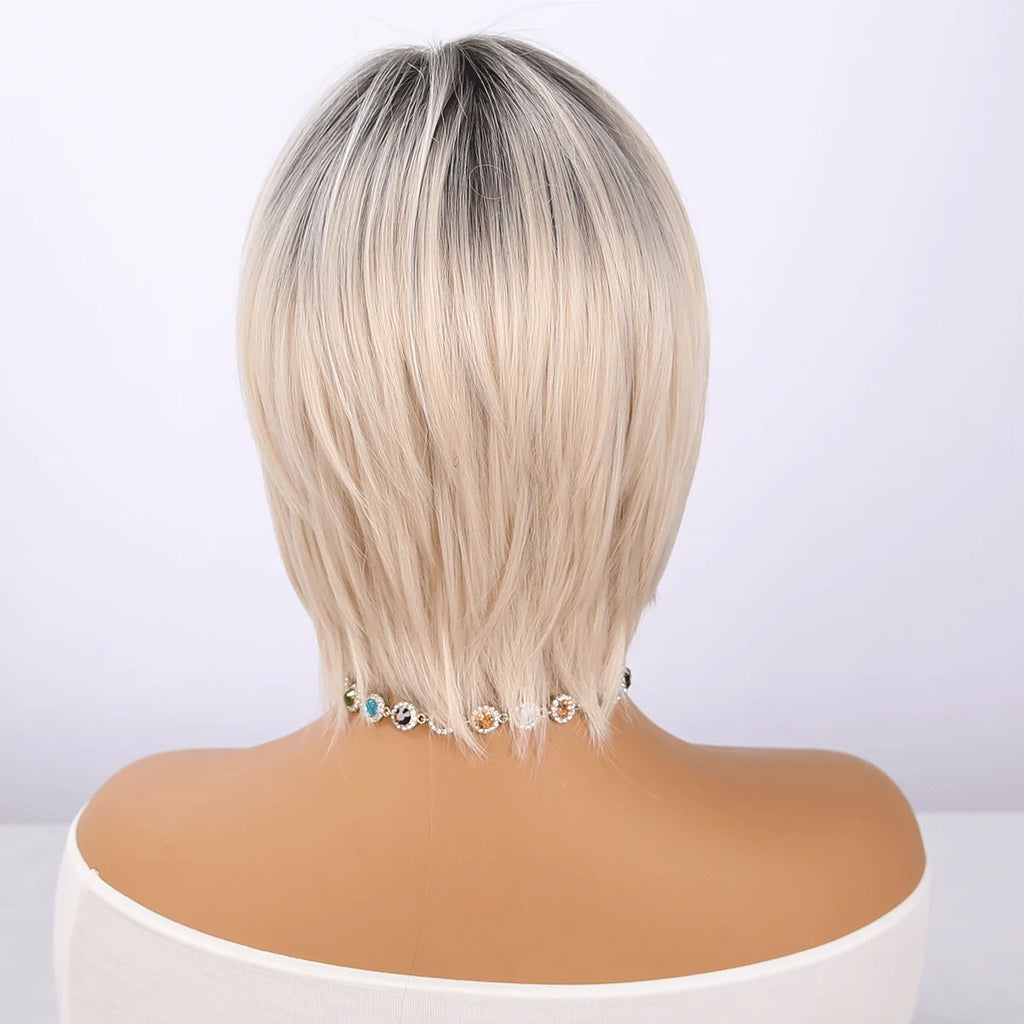 White Gold Synthetic Short Hair Wig Layered Straight Bob with Natural Looks Transparent Lace