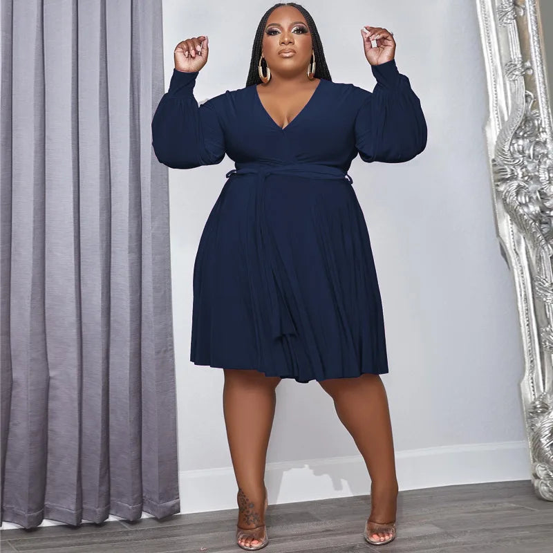 Autumn Plus Size Women Clothes Long Puff Sleeve V Neck Solid Color Casual Dresses Loose Knitted Plus Size Women Dresses