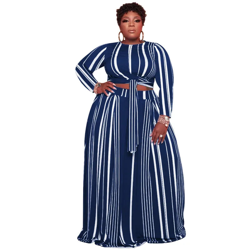 New Arrivals Big Women Two Pieces Set Autumn Long Sleeve Striped Printed Sets Casual Tops Dress Striped Plus Size Women Set