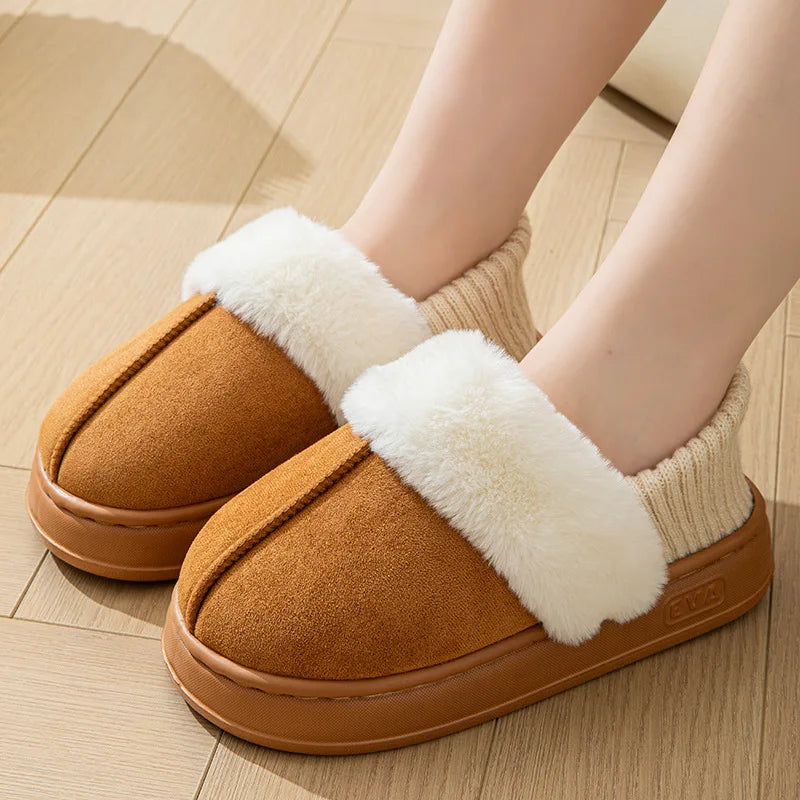 Camel Color Suede Patchwork Frayed Loop Indoor/Outdoor Home Wooden Floor Winter Closed Toe Warm Cotton Shoes for Men Women