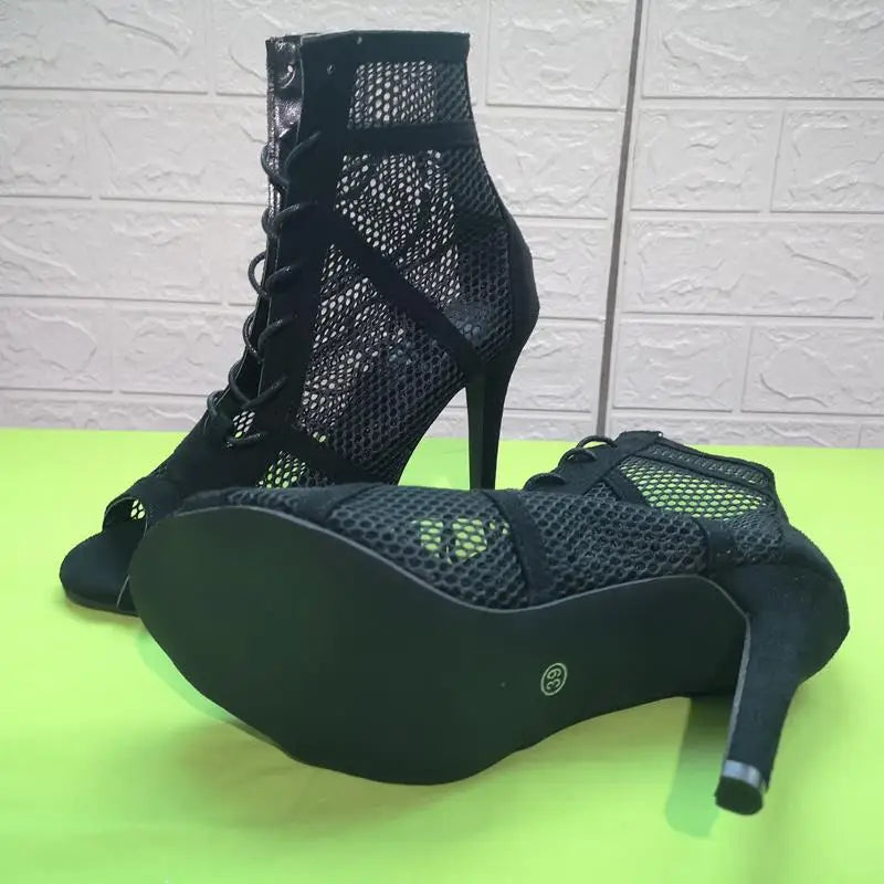 Black Net Fabric Cross Strap Sexy High Heel