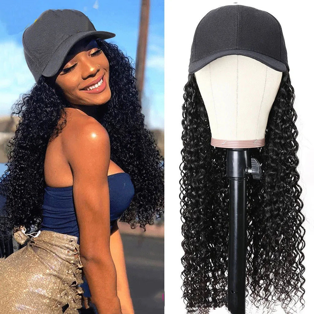 12-30 Inch 100% Human Hair Wigs Long Curly Baseball Hat Wig Cover Water Wave Curly Cap