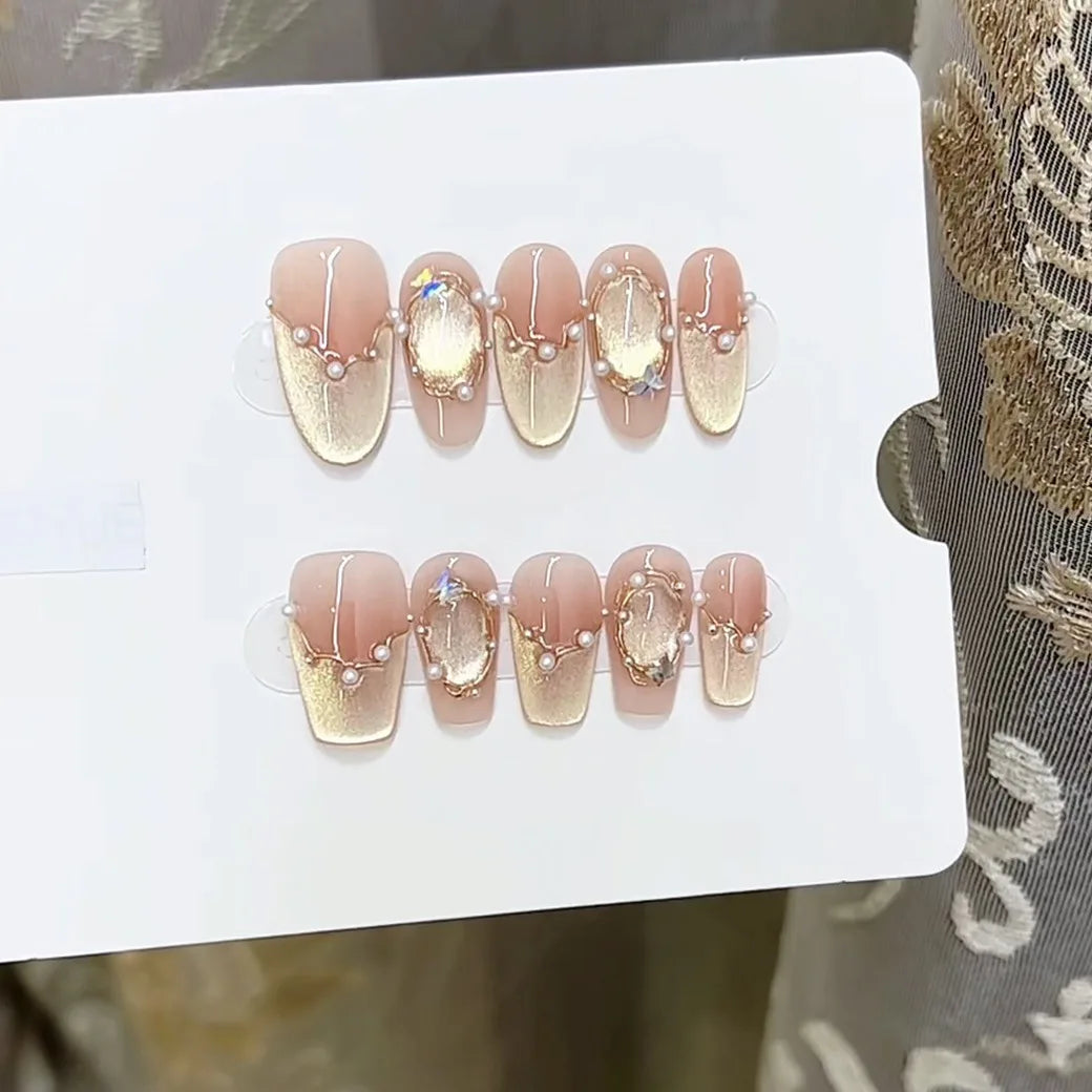 Blue French Press-on Nails Almond Shape 3D Design Full Coverage ABS Glossy False Nails for Daily Wear