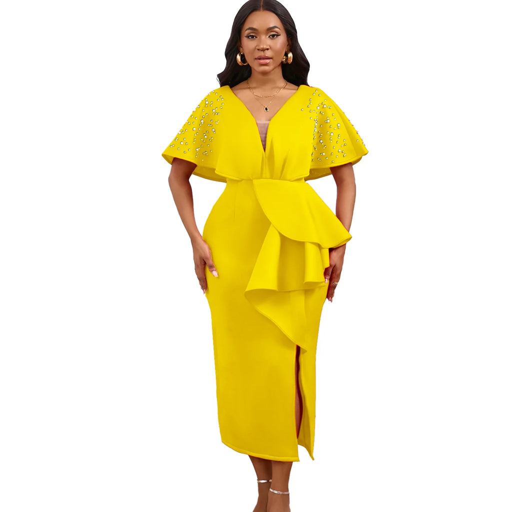 D516 Latest Design Summer Party Dress Women Sexy V-neck Ruffle Split Beaded Elegant Evening Dresses 2024