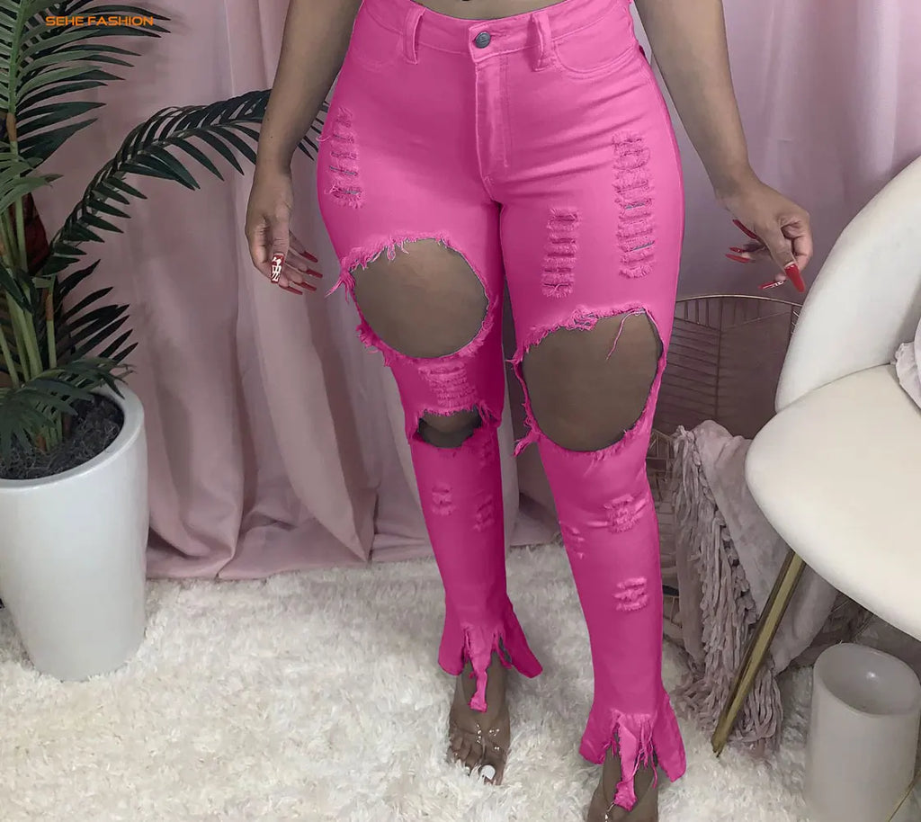 21105-MX68 Denim Ripped Designs High Waist Plus Size Women Jeans Sehe Fashion