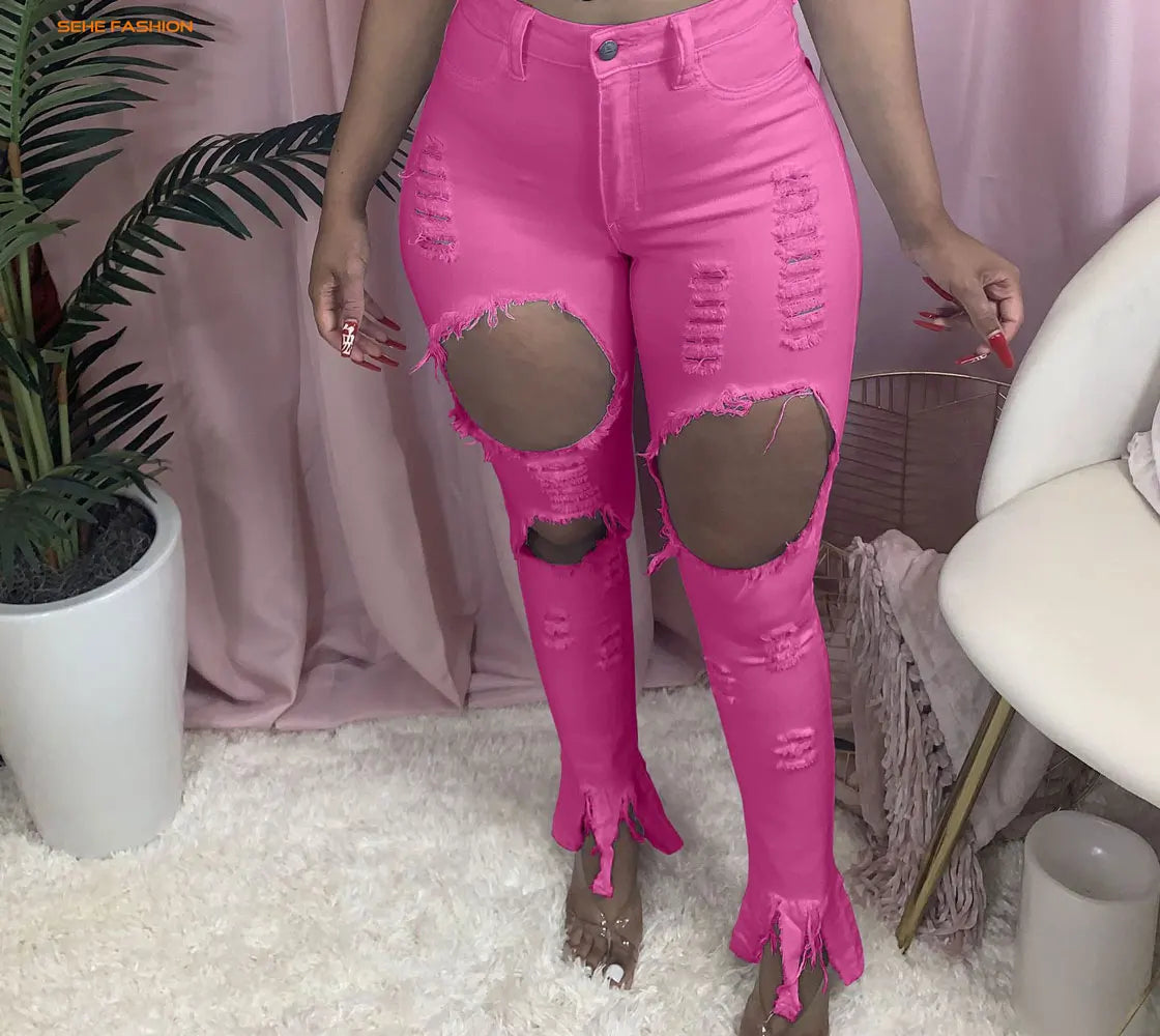 21105-MX68 Denim Ripped Designs High Waist Plus Size Women Jeans Sehe Fashion