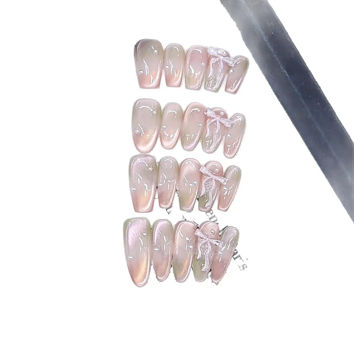 Blue French Press-on Nails Almond Shape 3D Design Full Coverage ABS Glossy False Nails for Daily Wear