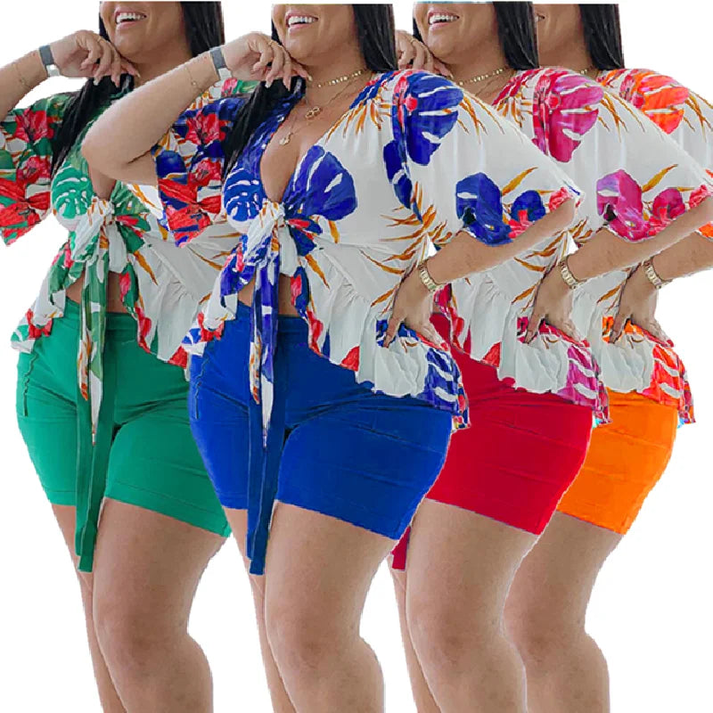 N7081 Summer Casual Hawaiian Fashion Print Two Piece Shorts Set Clothing Half Sleeve Plus Size Women Sets Two Piece Set Women