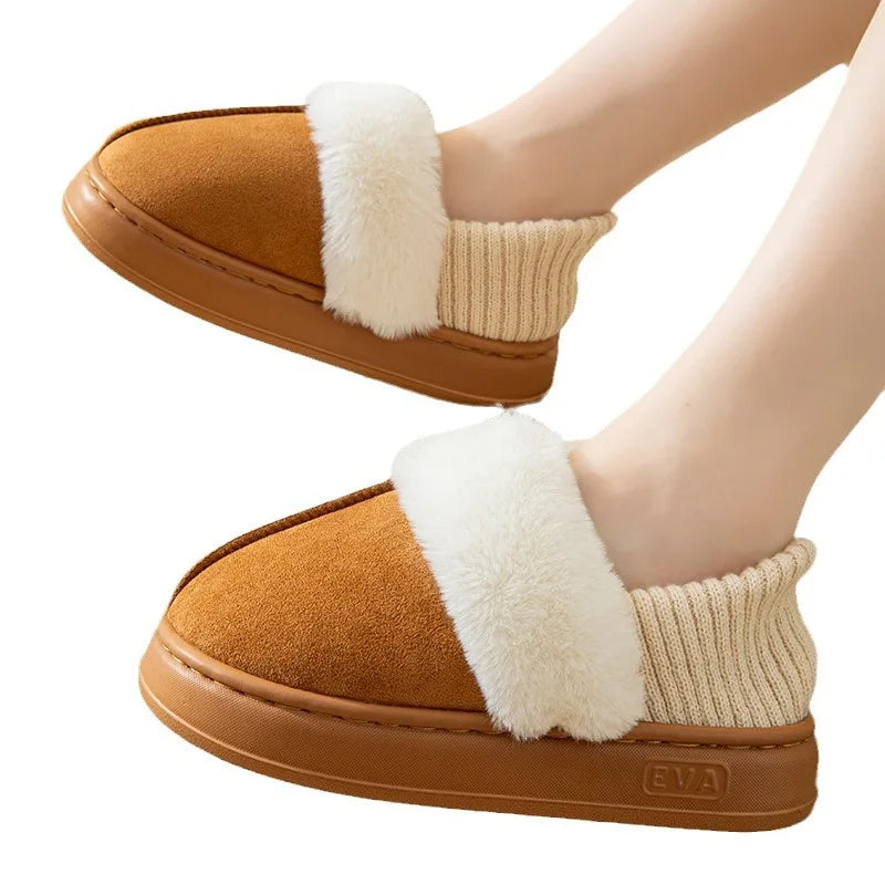 Camel Color Suede Patchwork Frayed Loop Indoor/Outdoor Home Wooden Floor Winter Closed Toe Warm Cotton Shoes for Men Women