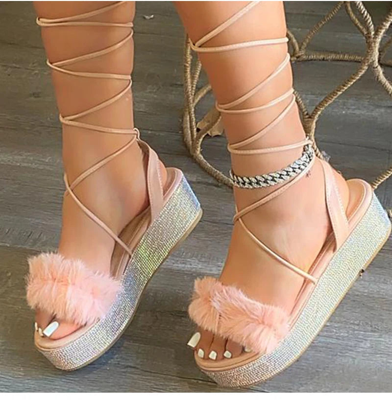2021 Women Gladiator Fur Platform Sandals Ladies Glitter Bling Flat Female Crystal Ankle Wrap Shoes Women's Plus Size Footwear