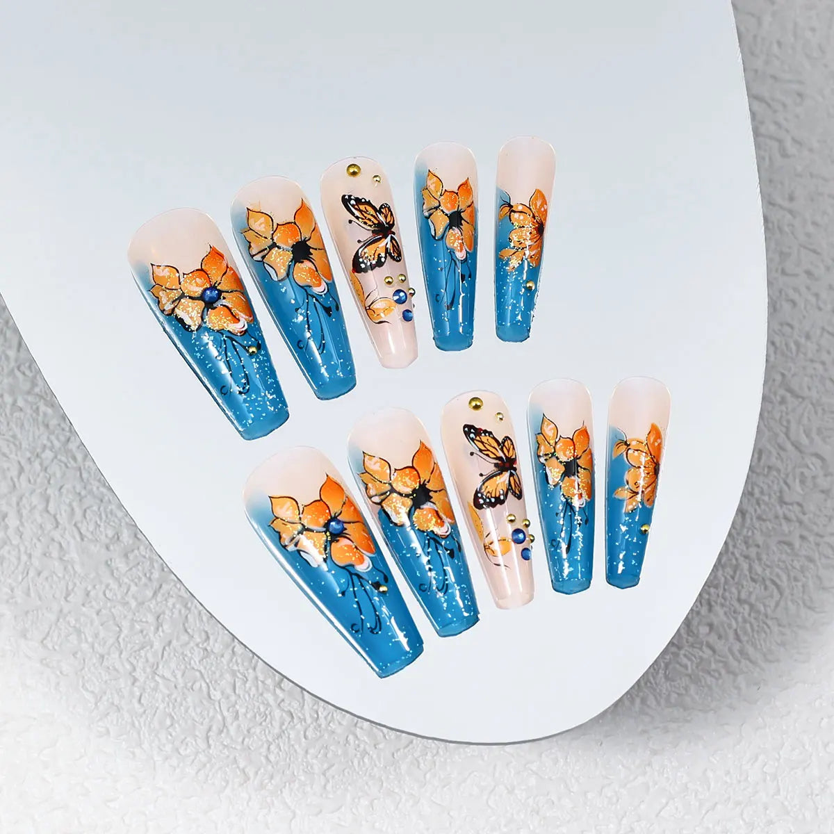 Butterfly Press on Nails Flower Press on Nails with Diamond Ballerina False Nails with Rhinestones Fake Tips with Rhinestones