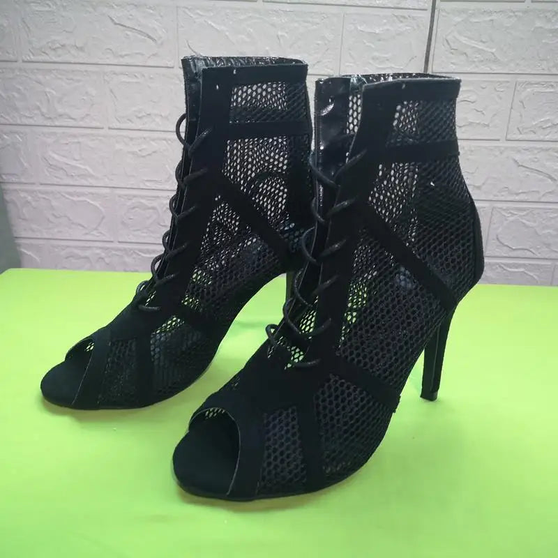 Black Net Fabric Cross Strap Sexy High Heel