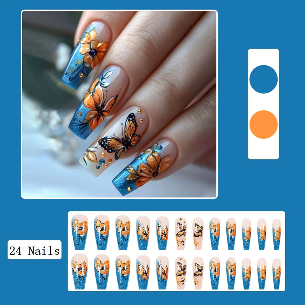 Butterfly Press on Nails Flower Press on Nails with Diamond Ballerina False Nails with Rhinestones Fake Tips with Rhinestones