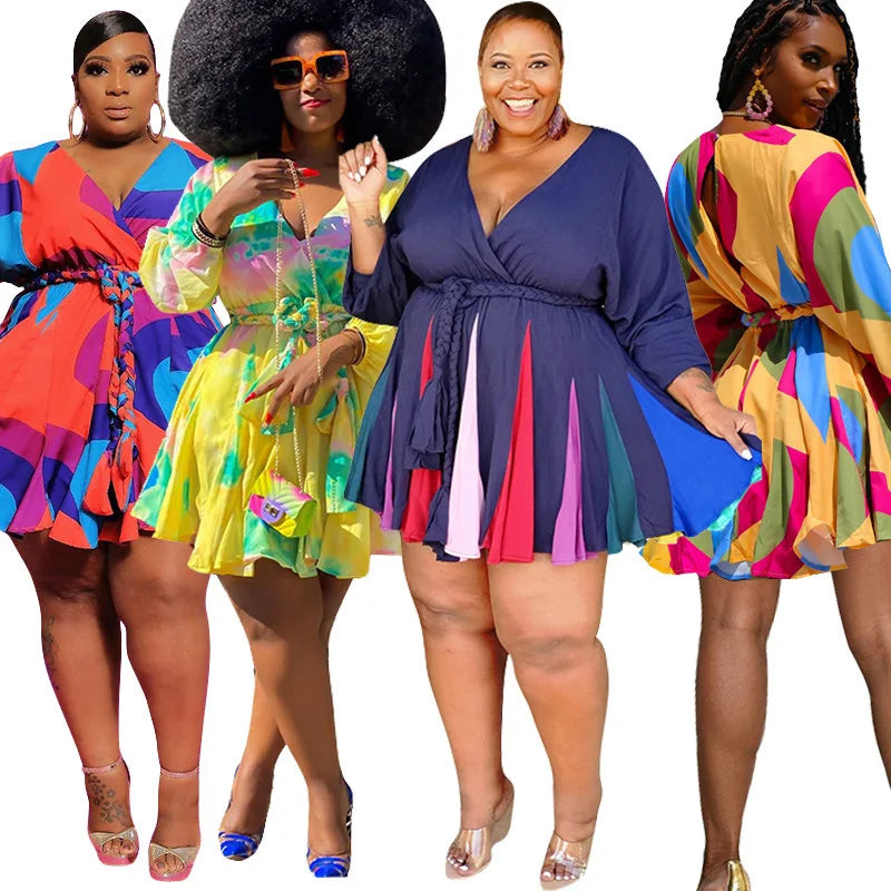 Women Long Sleeve Dresses Summer Casual Printed Fashion Mini Dresses Lace up Plus Size Women Clothing Dresses