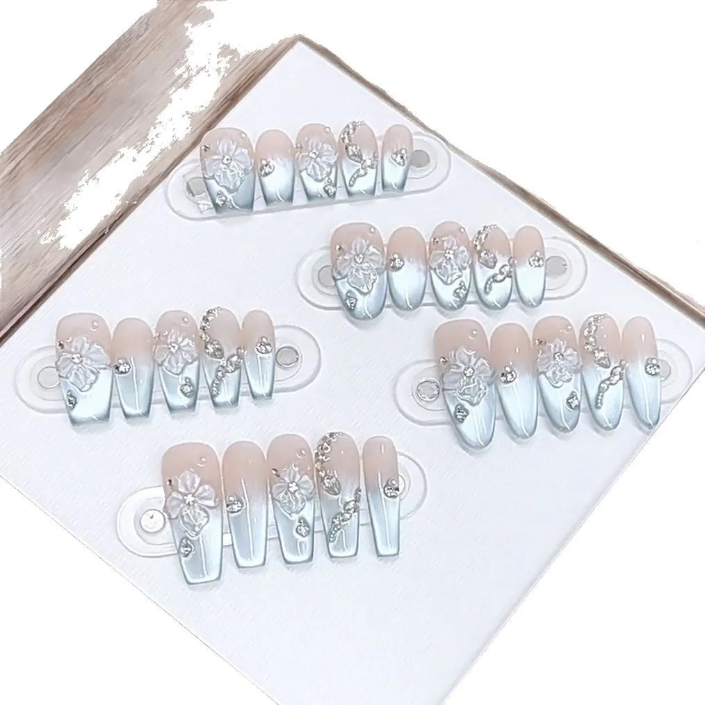 Blue French Press-on Nails Almond Shape 3D Design Full Coverage ABS Glossy False Nails for Daily Wear