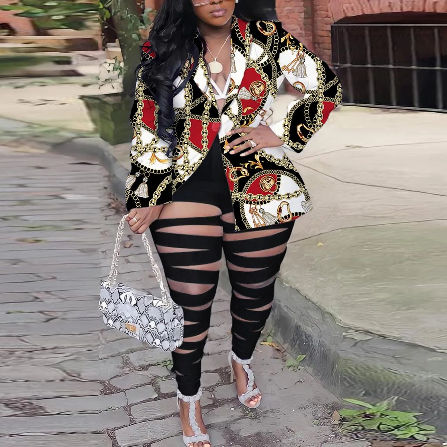 BH915 Plus Size Women Summer Spring Casual Two Piece Hollow Out Blazer Set