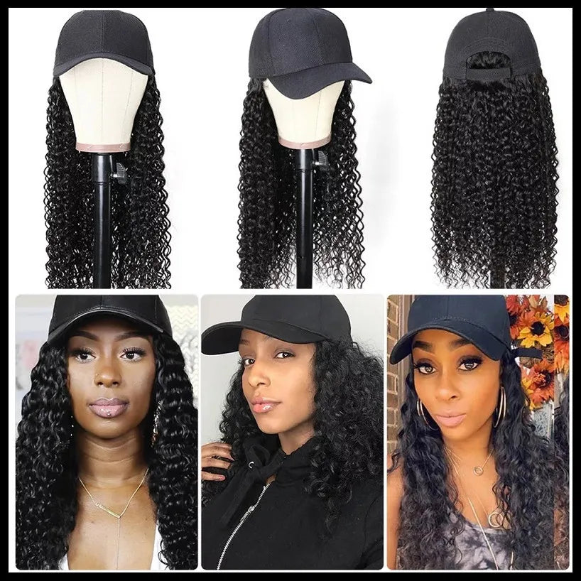 12-30 Inch 100% Human Hair Wigs Long Curly Baseball Hat Wig Cover Water Wave Curly Cap Fashion Long Hair Cover for Afro Women