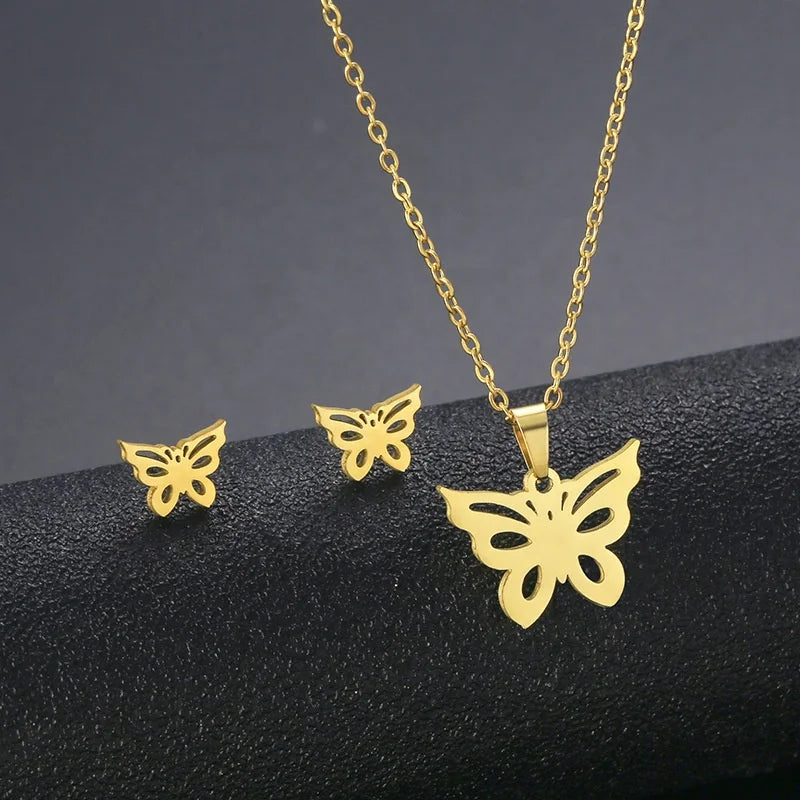 Cheap Stainless Steel Necklace Earring Set Women Moon Smile-y Face Butterfly Pendants