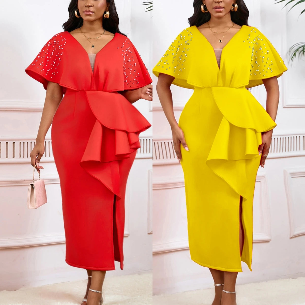 D516 Latest Design Summer Party Dress Women Sexy V-neck Ruffle Split Beaded Elegant Evening Dresses 2024