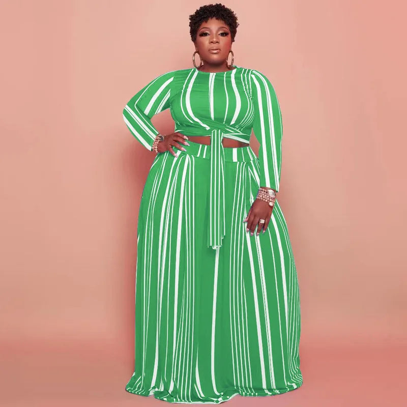 New Arrivals Big Women Two Pieces Set Autumn Long Sleeve Striped Printed Sets Casual Tops Dress Striped Plus Size Women Set