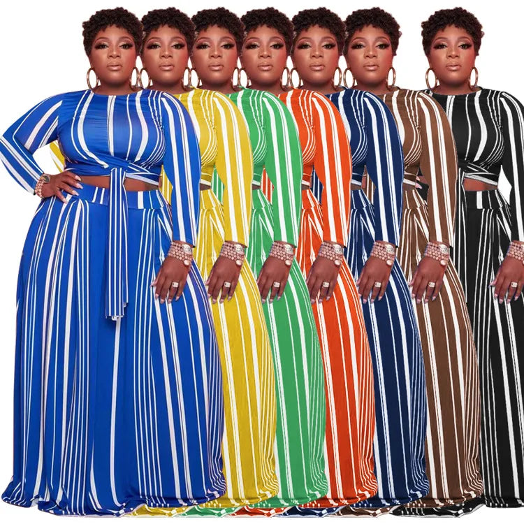 New Arrivals Big Women Two Pieces Set Autumn Long Sleeve Striped Printed Sets Casual Tops Dress Striped Plus Size Women Set