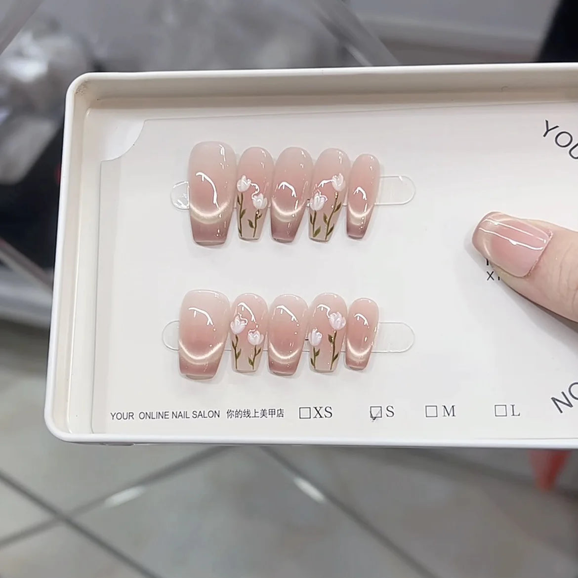 Blue French Press-on Nails Almond Shape 3D Design Full Coverage ABS Glossy False Nails for Daily Wear