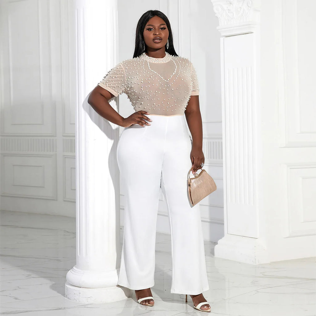 White Summer See Through Bead Patchwork Plus Size Women Jumpsuits