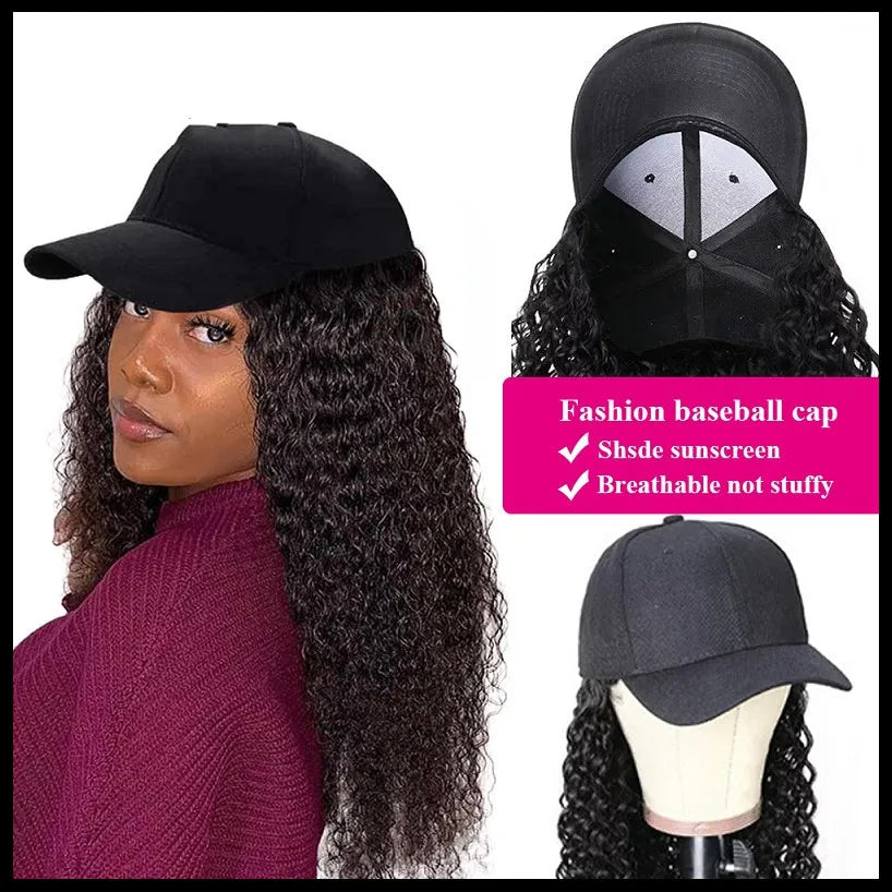 12-30 Inch 100% Human Hair Wigs Long Curly Baseball Hat Wig Cover Water Wave Curly Cap