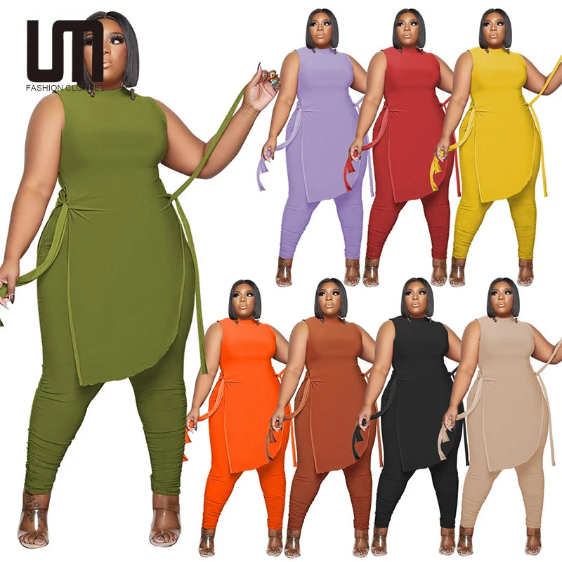 Liu Ming New Spring Summer Plus Size Women Clothing Irregular Sleeveless Tops Tracksuits Two Piece Jogger Set
