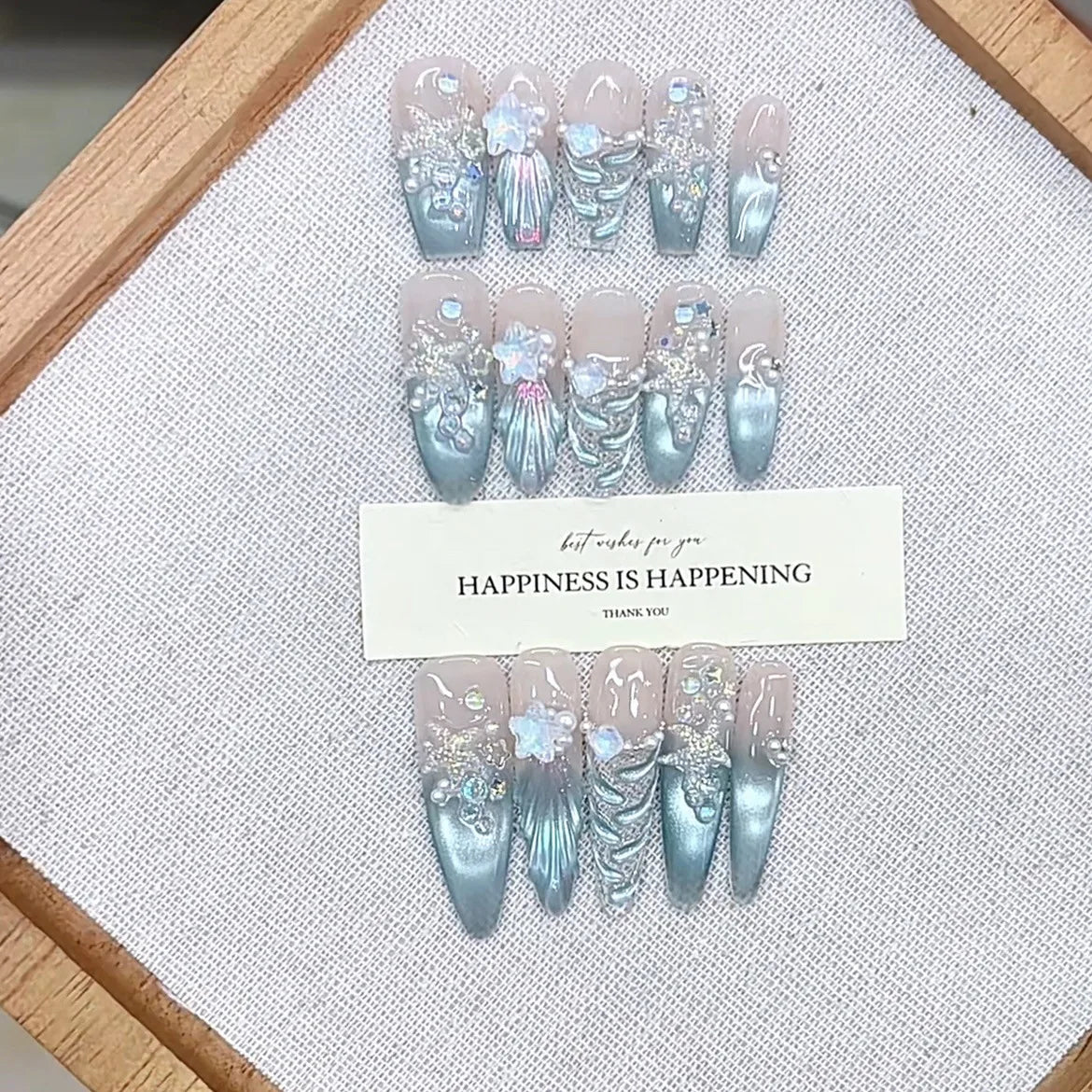 Blue French Press-on Nails Almond Shape 3D Design Full Coverage ABS Glossy False Nails for Daily Wear