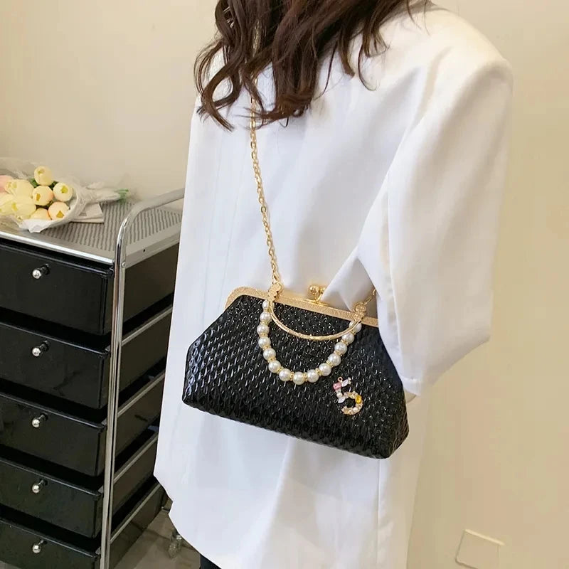 Luxury Women French Minority Shoulder Bags - Gold Crossbody Bags, Fashionable Pearl Chain,  and Elegant Evening Clutch