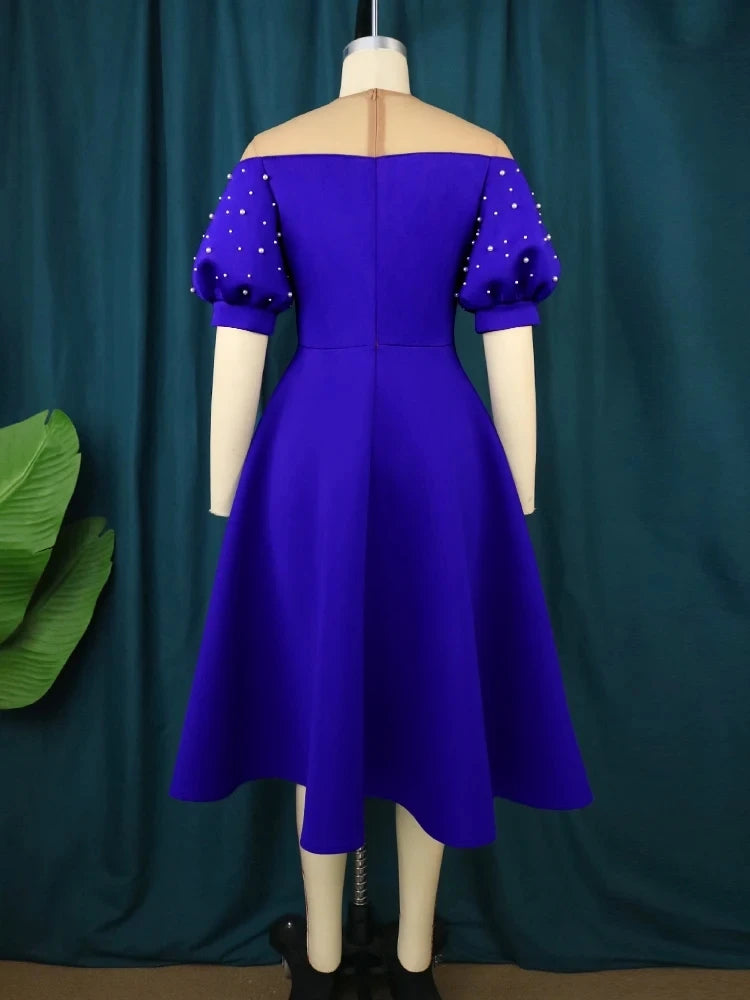 AM220954 Short Sleeves Mesh Blue Sexy Beaded Patchwork Plus Size Women Dresses