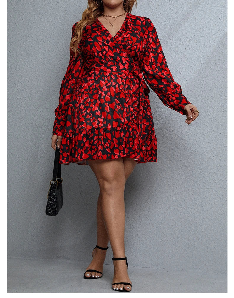 YiXin Plus Size Women's Dresses Floral Long Sleeve Deep V-neck Casual Dresses Plus Size Women Clothing Plus Size Dresses Women