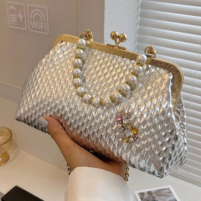 Luxury Women French Minority Shoulder Bags - Gold Crossbody Bags, Fashionable Pearl Chain,  and Elegant Evening Clutch