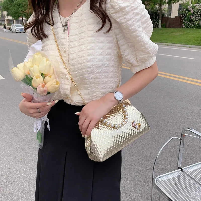 Luxury Women French Minority Shoulder Bags - Gold Crossbody Bags, Fashionable Pearl Chain,  and Elegant Evening Clutch