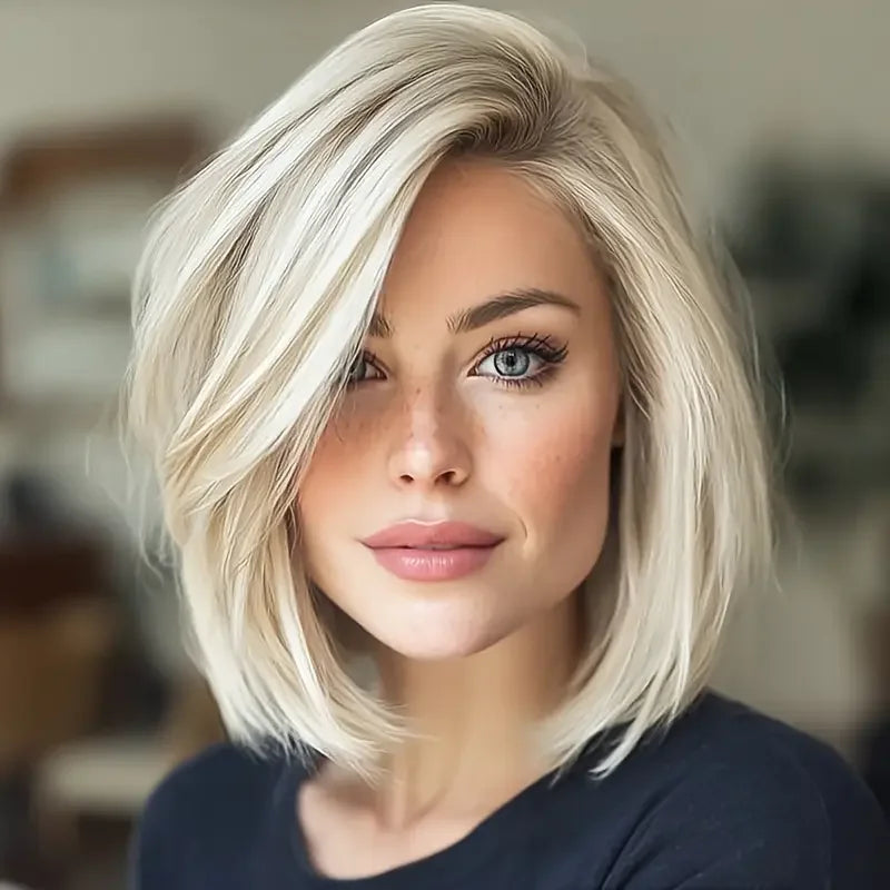 White Gold Synthetic Short Hair Wig Layered Straight Bob with Natural Looks Transparent Lace