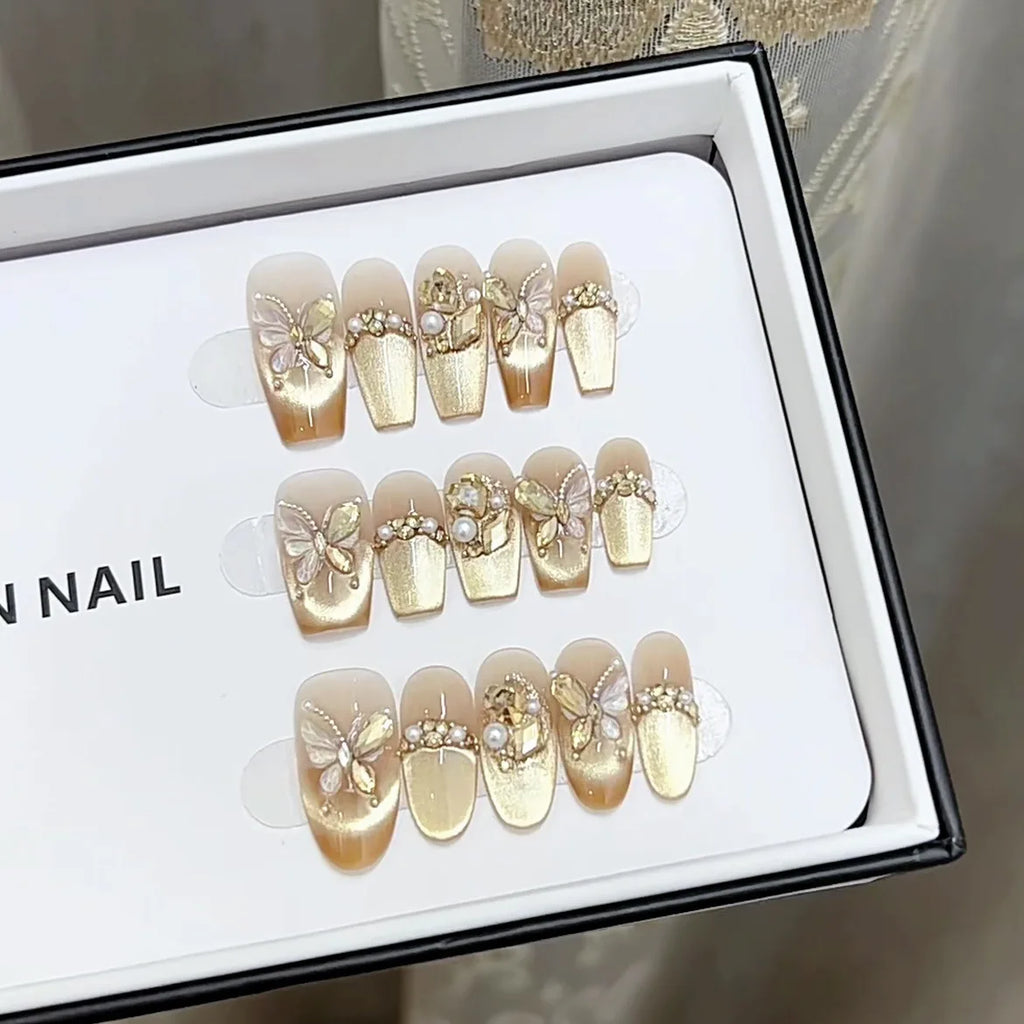 Blue French Press-on Nails Almond Shape 3D Design Full Coverage ABS Glossy False Nails for Daily Wear