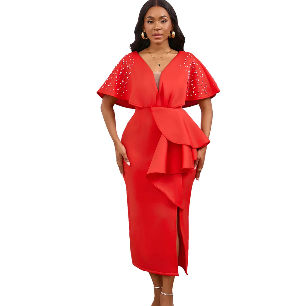 D516 Latest Design Summer Party Dress Women Sexy V-neck Ruffle Split Beaded Elegant Evening Dresses 2024