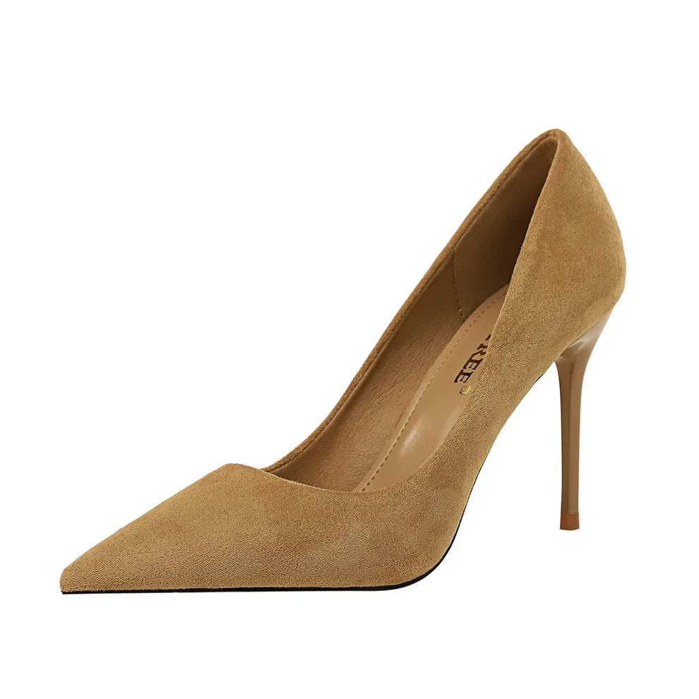 Big Tree Heels Shoe for Women Fashionable Minimalist Slim Heel Suede Shallow Mouth Pointed Tip Womens Heels Shoes High Quality