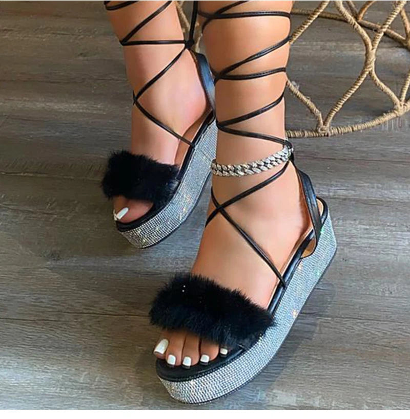 Women Gladiator Fur Platform Sandals